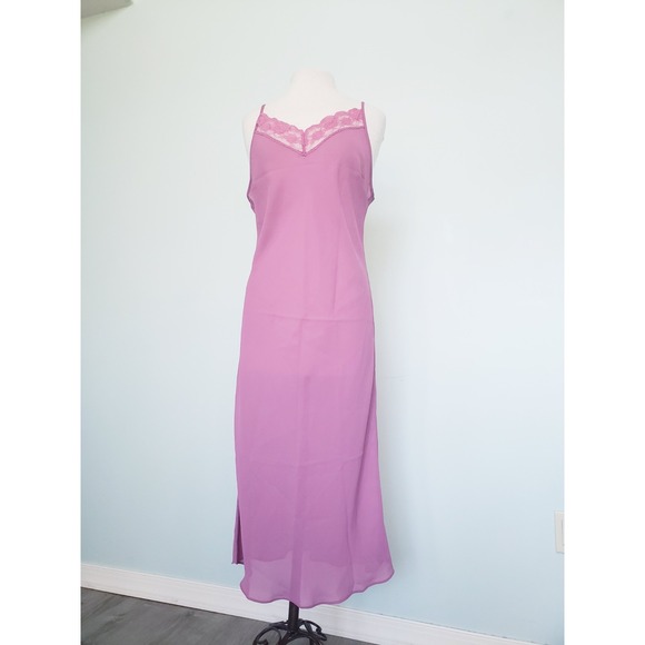 VTG 90s Ice Women's M Pink Purple Slip Dress Midi Gown Lingerie Lace Y2K Sheer - Picture 7 of 11